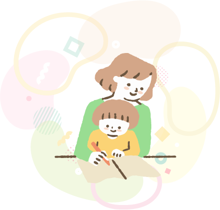 机で文字や絵を書く子どもと、それを見守る母親のイラスト